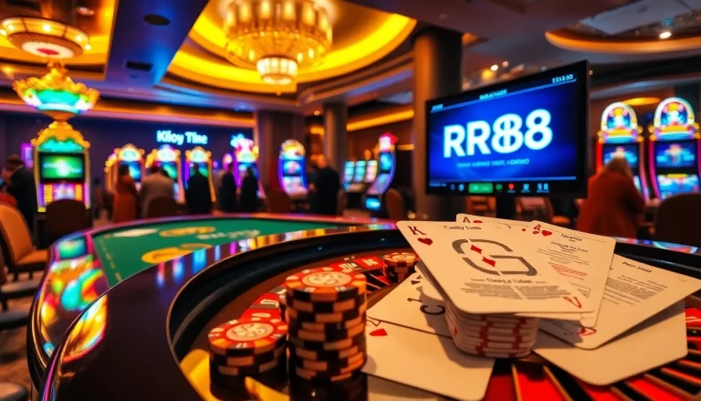 Exciting gambling scene at RR88 casino with vibrant slot machines and roulette table.