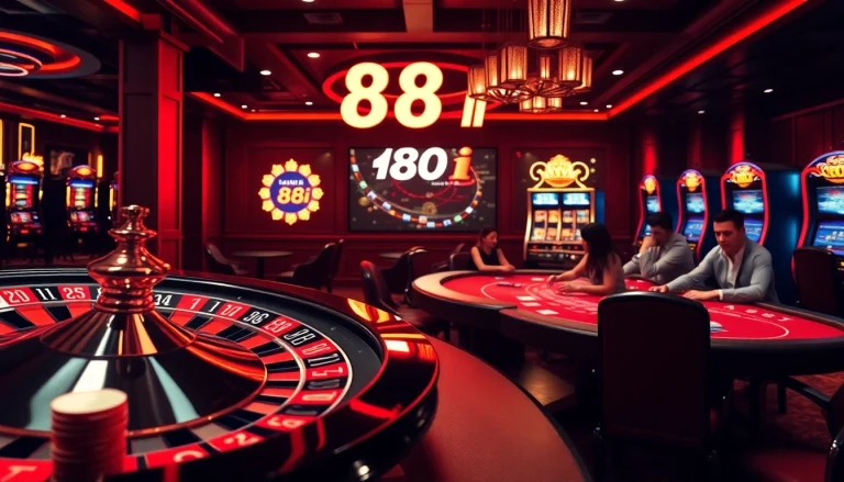 Players enjoying a lively game at 88i casino, surrounded by colorful slot machines and poker tables.