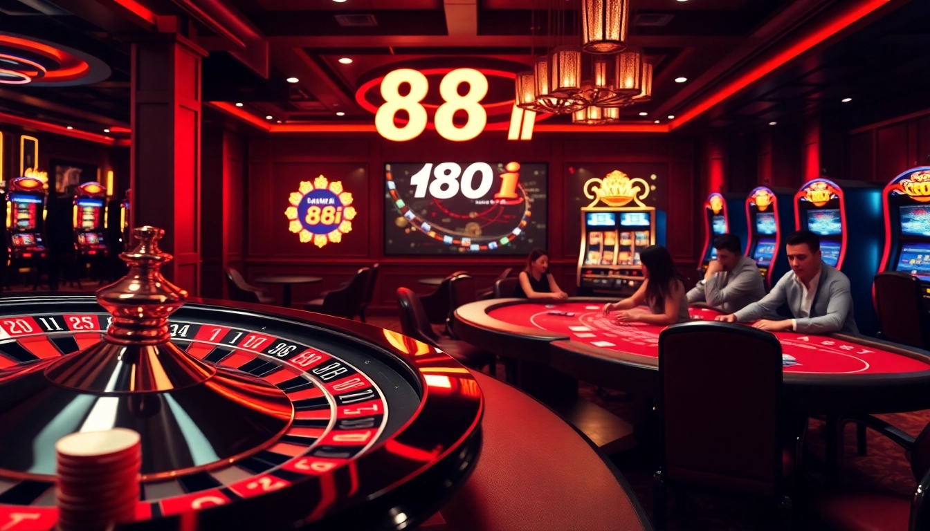 Players enjoying a lively game at 88i casino, surrounded by colorful slot machines and poker tables.