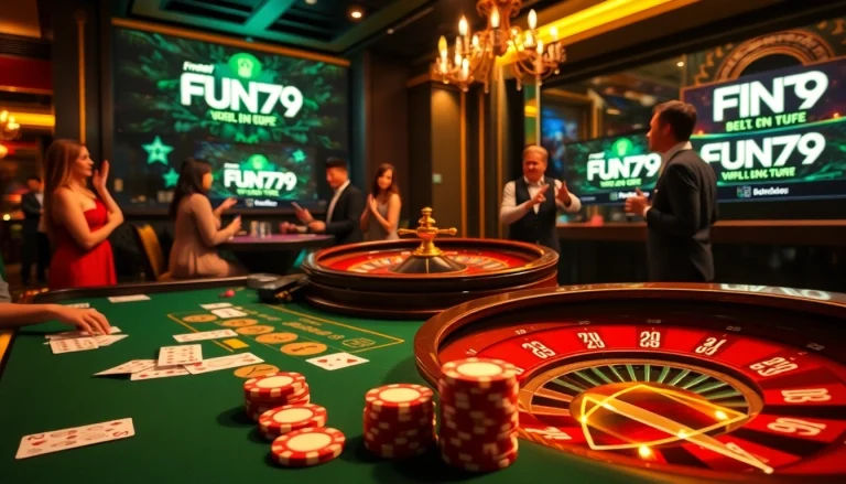 Experience the excitement of FUN79 Bet with vibrant casino visuals featuring gaming elements and digital interfaces.