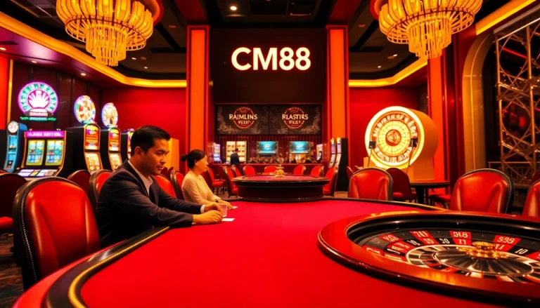 Players enjoying high-stakes poker at CM88 casino, showcasing excitement and luxury in their gambling experience.