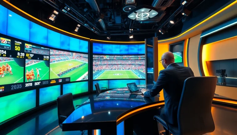 Engaging scene of sports broadcasting with a commentator, technology screens, and vibrant studio lights.