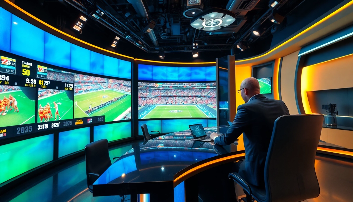 Engaging scene of sports broadcasting with a commentator, technology screens, and vibrant studio lights.