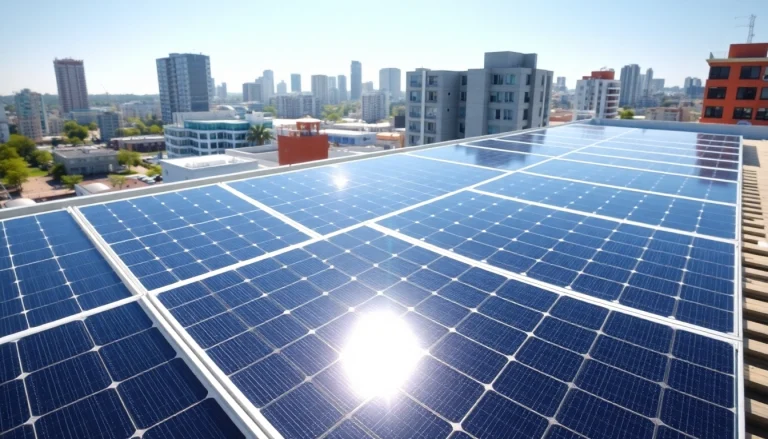 Photovoltaikanlage Kaufen Wien auf einem urbanen Dach, mit sonnigen Wetterbedingungen und klarer Skyline.