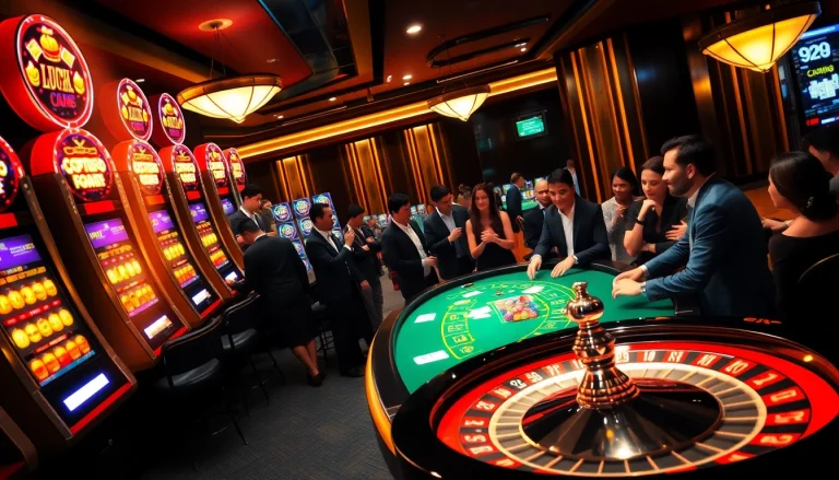 Người chơi háo hức tại bàn poker LUCK8 giữa những yếu tố sòng bạc sống động.