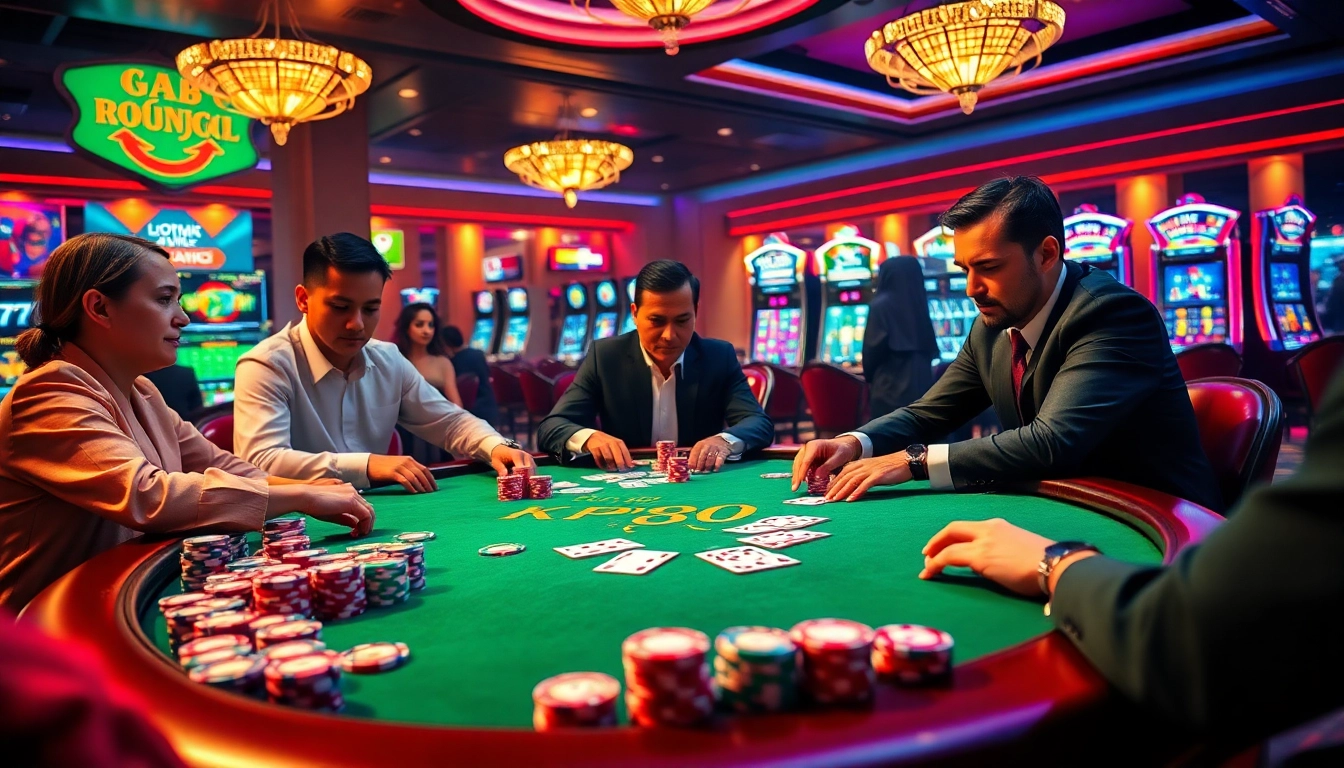 KP88 casino scene with players engaged in high-stakes poker, colorful chips, and vibrant atmosphere.