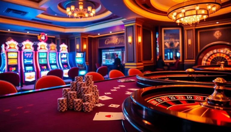 Experience thrilling online gambling action at https://m88zo.com/ with vibrant casino visuals, poker chips, and roulette wheels.