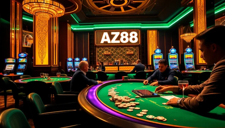 AZ88 bar at a luxurious casino, featuring exciting poker action and vibrant slot machines.