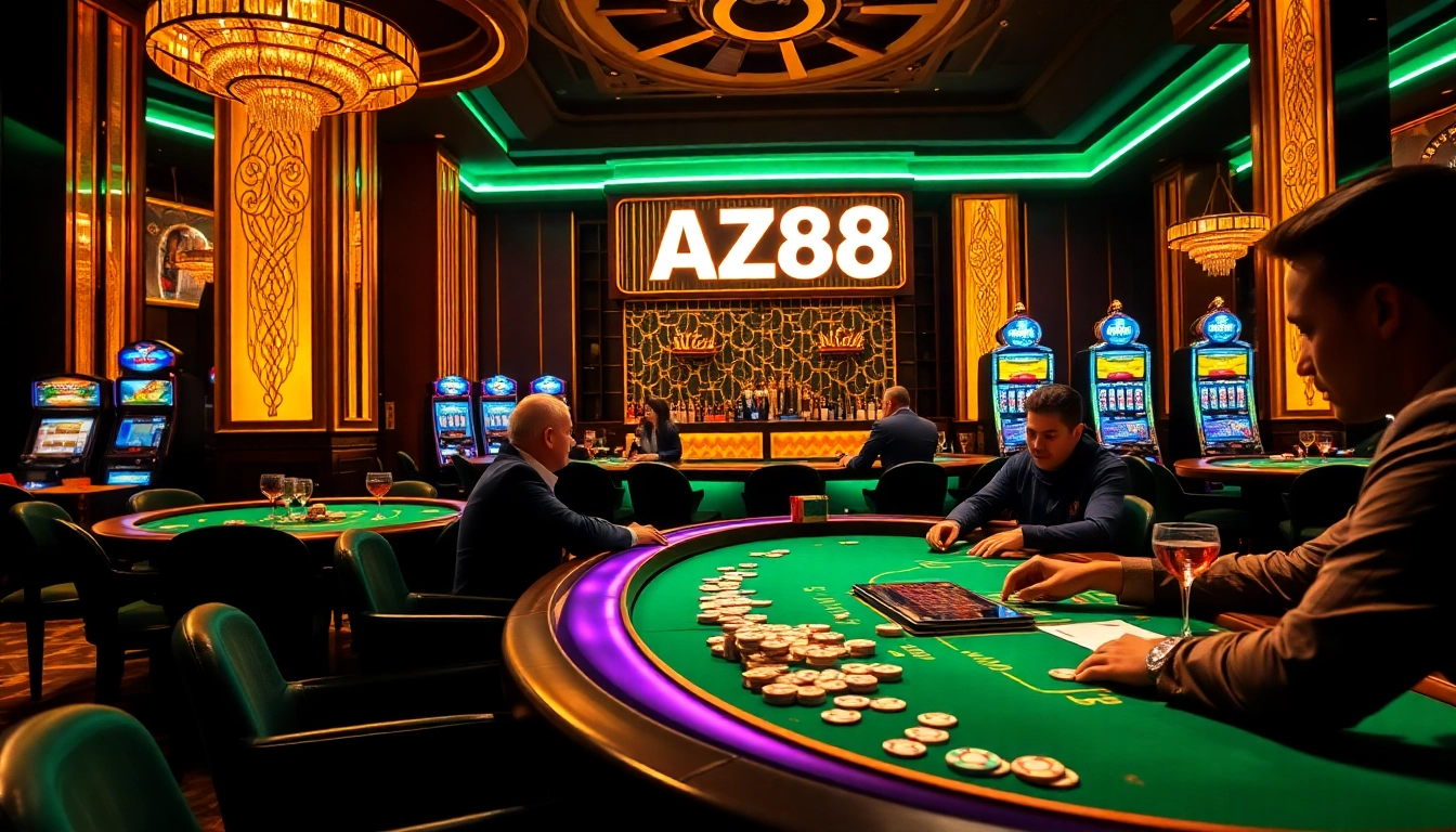 AZ88 bar at a luxurious casino, featuring exciting poker action and vibrant slot machines.