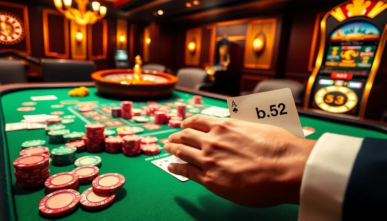 Gambling excitement at a casino table showcasing the keyword b52 with colorful poker chips and cards.