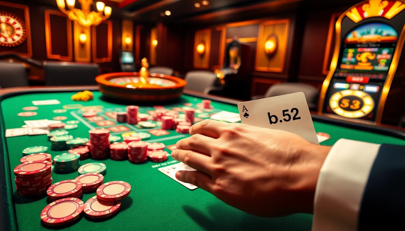 Gambling excitement at a casino table showcasing the keyword b52 with colorful poker chips and cards.