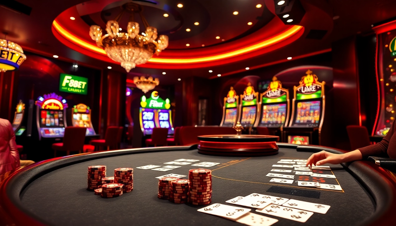 Gambling at F8BET with luxurious casino tables, vibrant lights, and exciting gameplay.