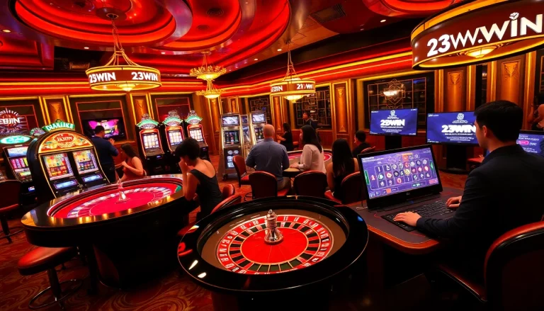 Experience the thrill of 23WIN in a vibrant casino scene with roulette, slots, and poker.