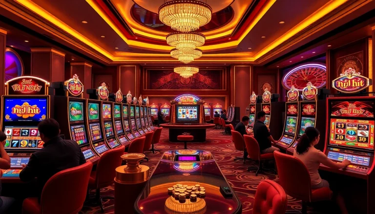 Excited players enjoying the nổ hũ slot machines in a luxurious casino setting