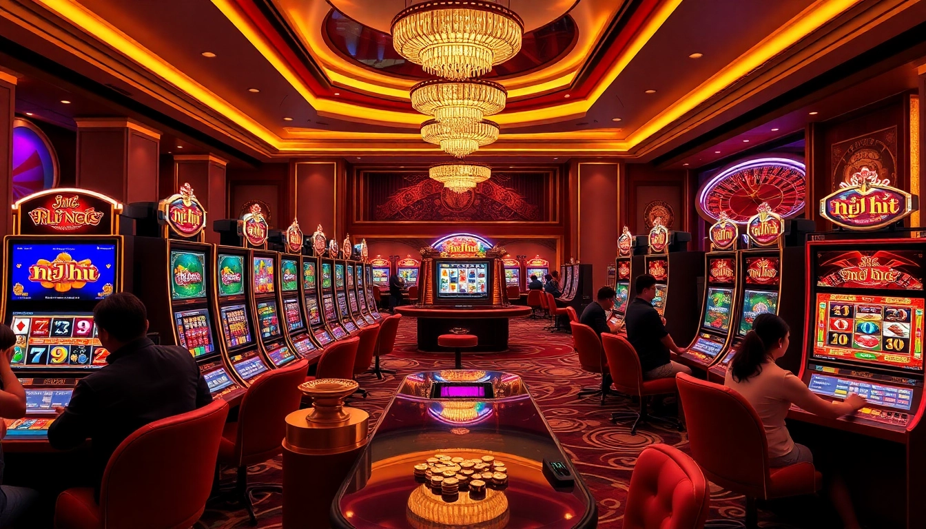 Excited players enjoying the nổ hũ slot machines in a luxurious casino setting