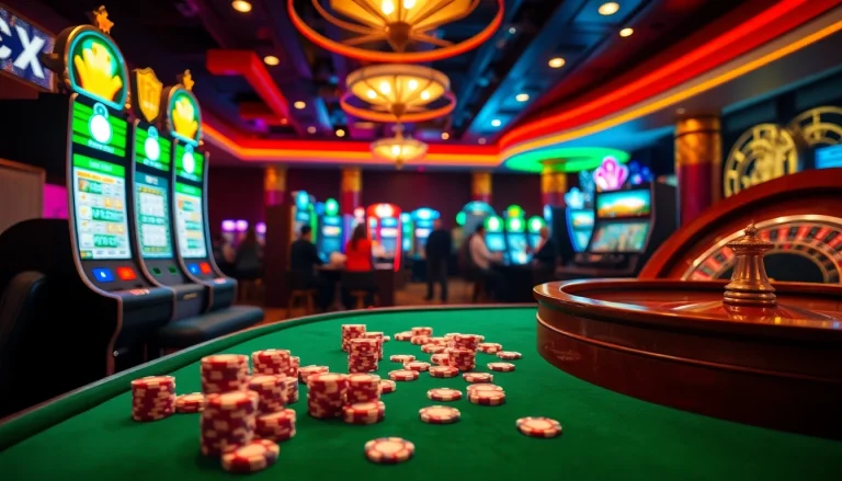 Engaging online gambling atmosphere at https://lode88uk.com/ with bright slots and poker chips.