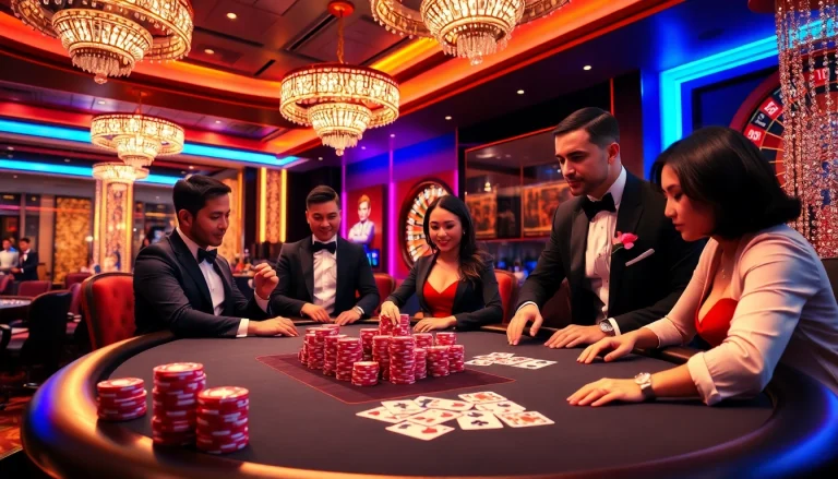 Exciting poker showdown at 8KBET casino with strategic players and vibrant ambiance.