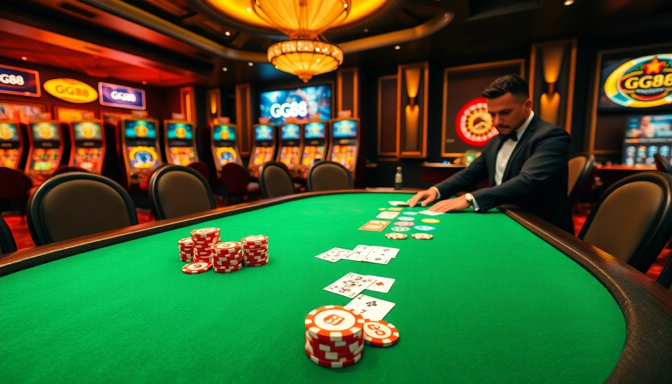 Experience high-stakes poker at GG88 casino with vibrant chips and thrilling gameplay.