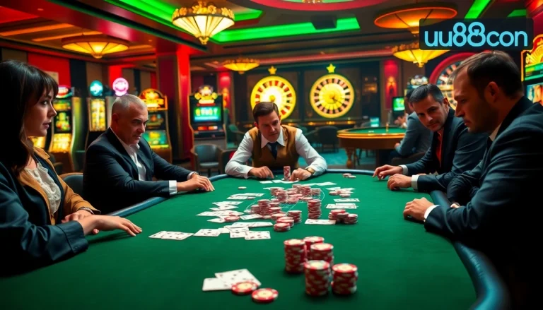 Players enjoying an exciting game of poker at uu88 con's luxurious casino table.