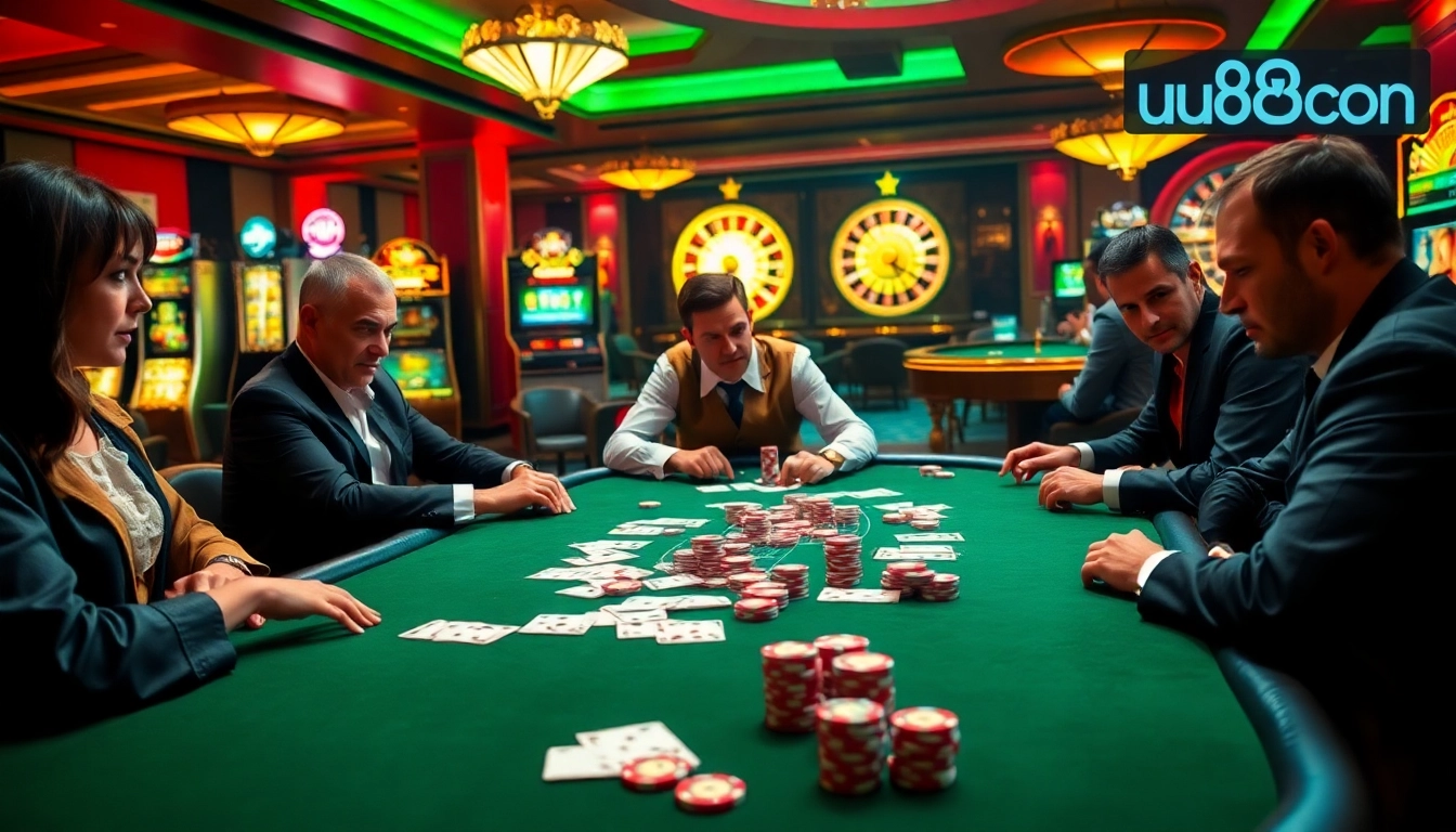 Players enjoying an exciting game of poker at uu88 con's luxurious casino table.