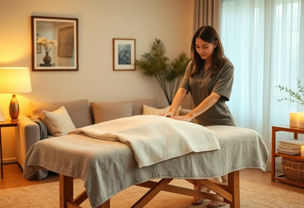 전문 치료사와 함께 차분한 가정 환경에서 오산출장마사지 서비스를 즐기는 모습.