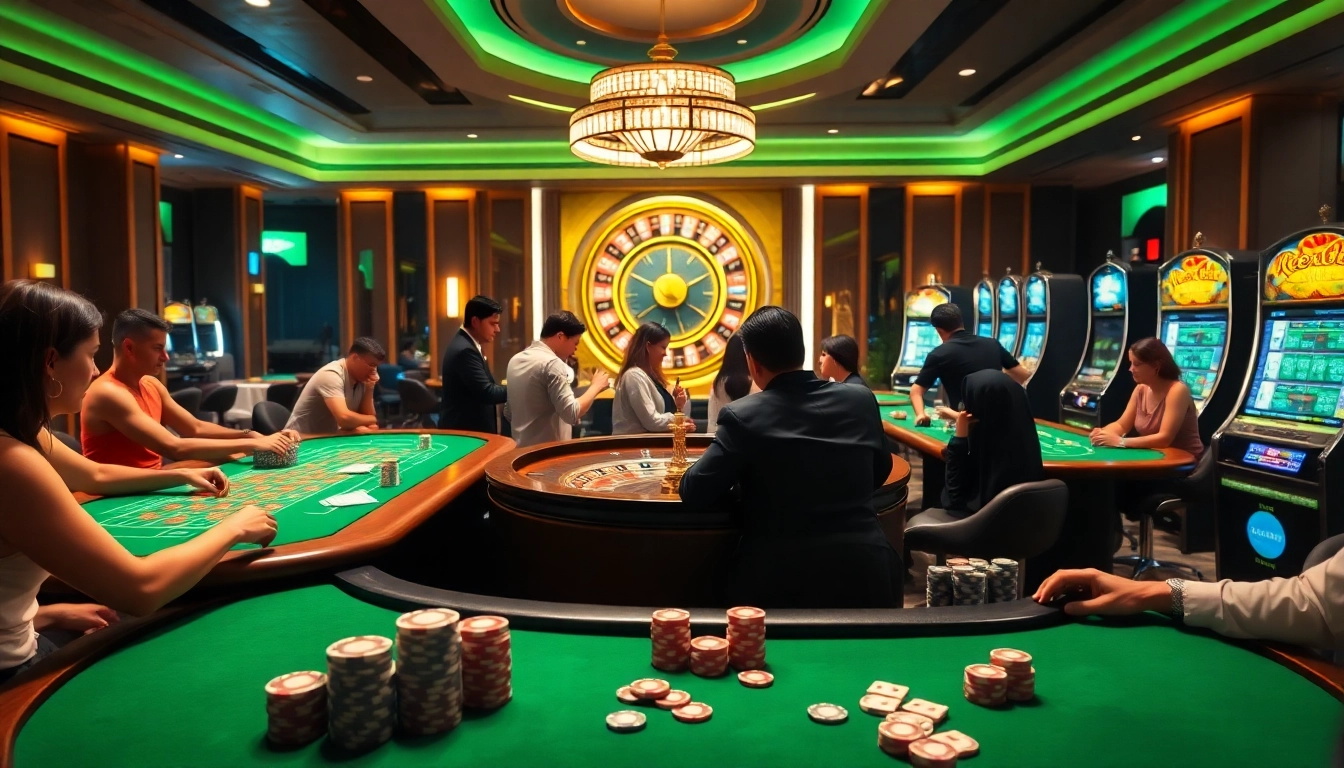 Xocdia88 gaming table in a luxurious casino environment with players engaged in table games.