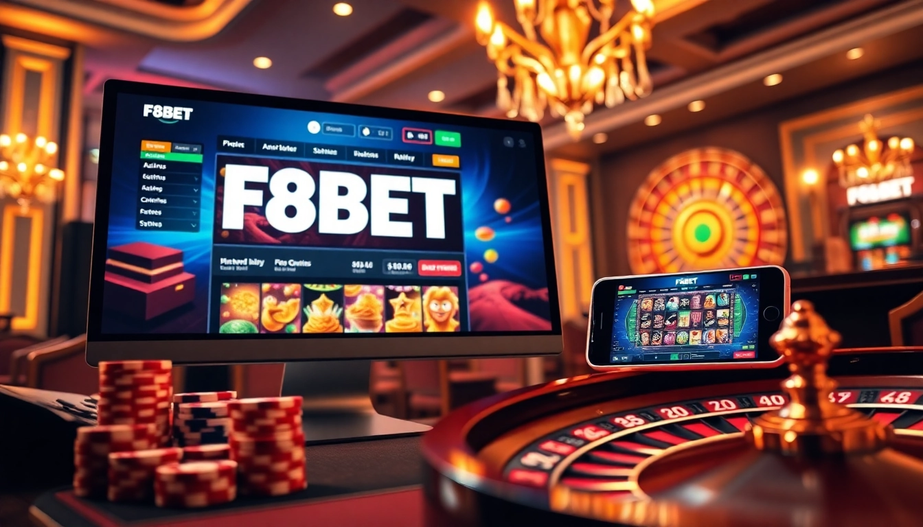 Experience the thrill of online gambling at F8BET with vibrant poker chips and modern casino visuals.