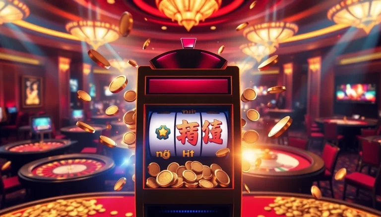 Nổ hũ slot machine with glowing coins in a vibrant casino environment.