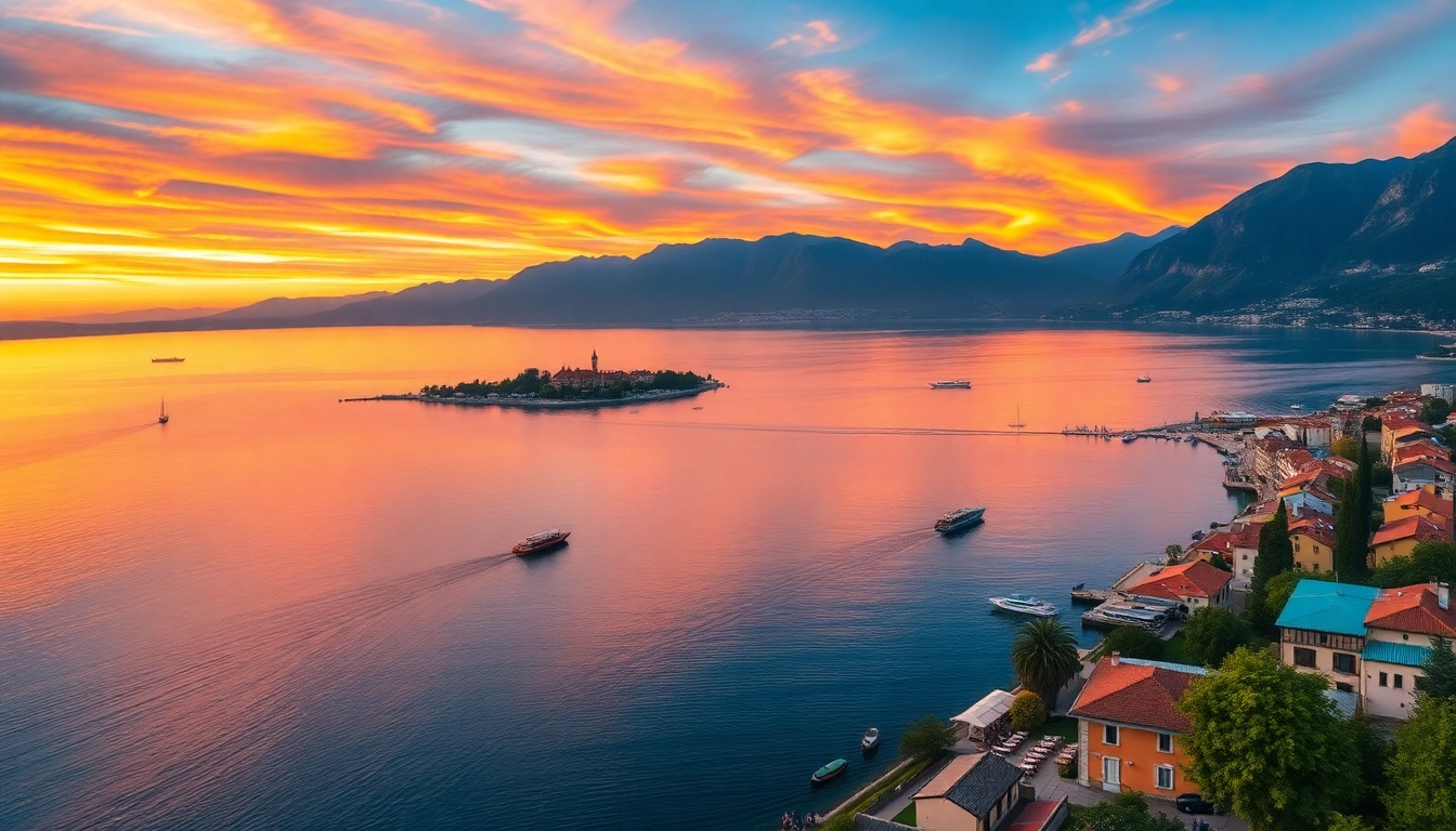 Gardasee Reisetipps mit einer Luftaufnahme des Gardasees bei Sonnenuntergang, die malerische Dörfer und lebendigen Spiegelungen zeigt.