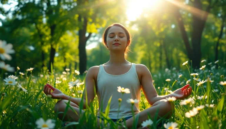 Enhancing emotional wellbeing through meditation in a peaceful natural setting.