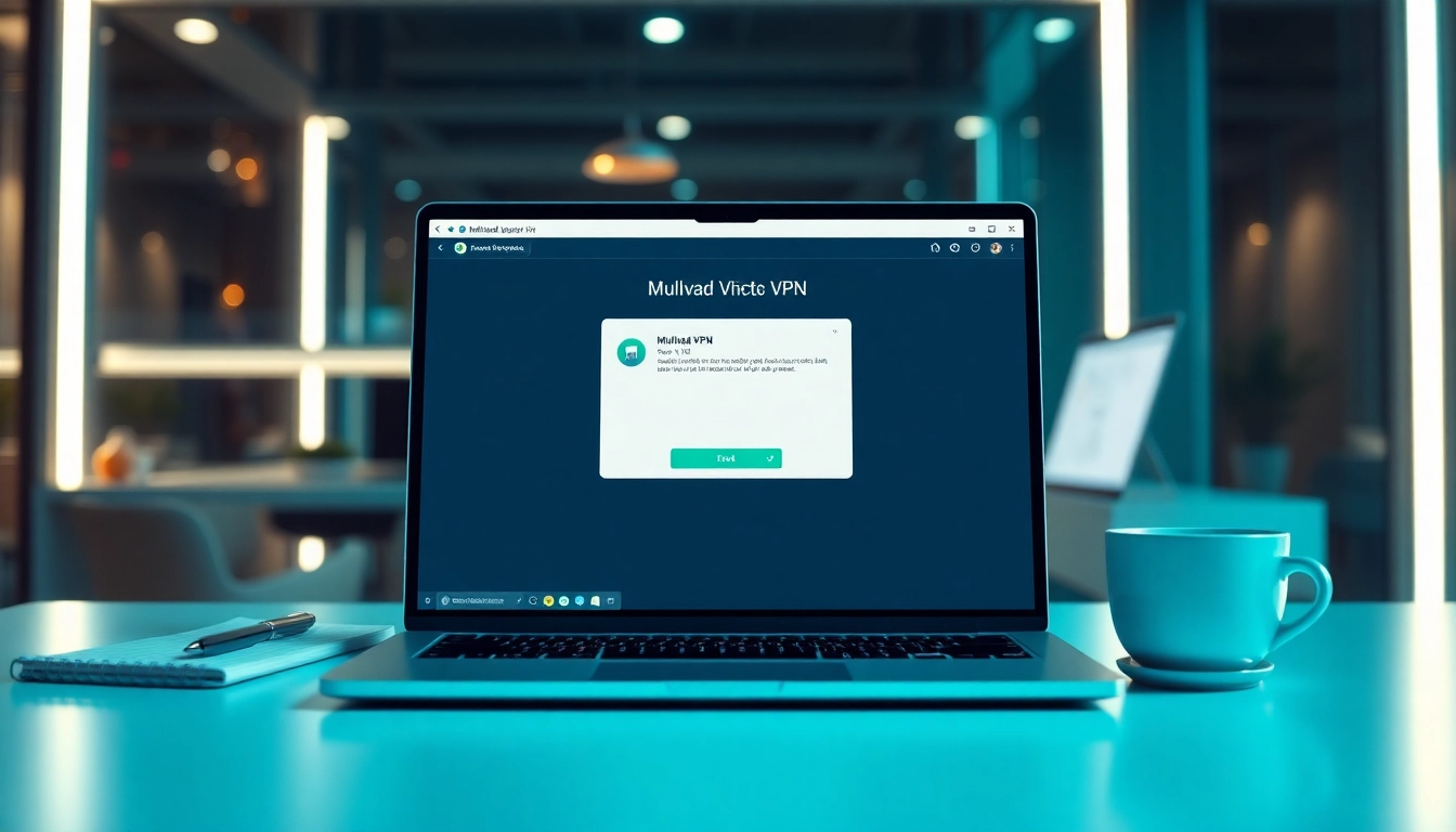 Mullvad VPN interface displayed on a laptop in a secure digital workspace.