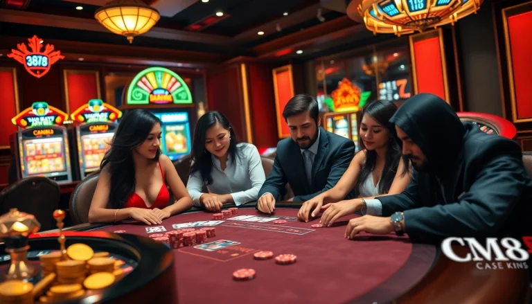 CM88 players enjoying a high-stakes poker game in a luxurious casino ambiance.