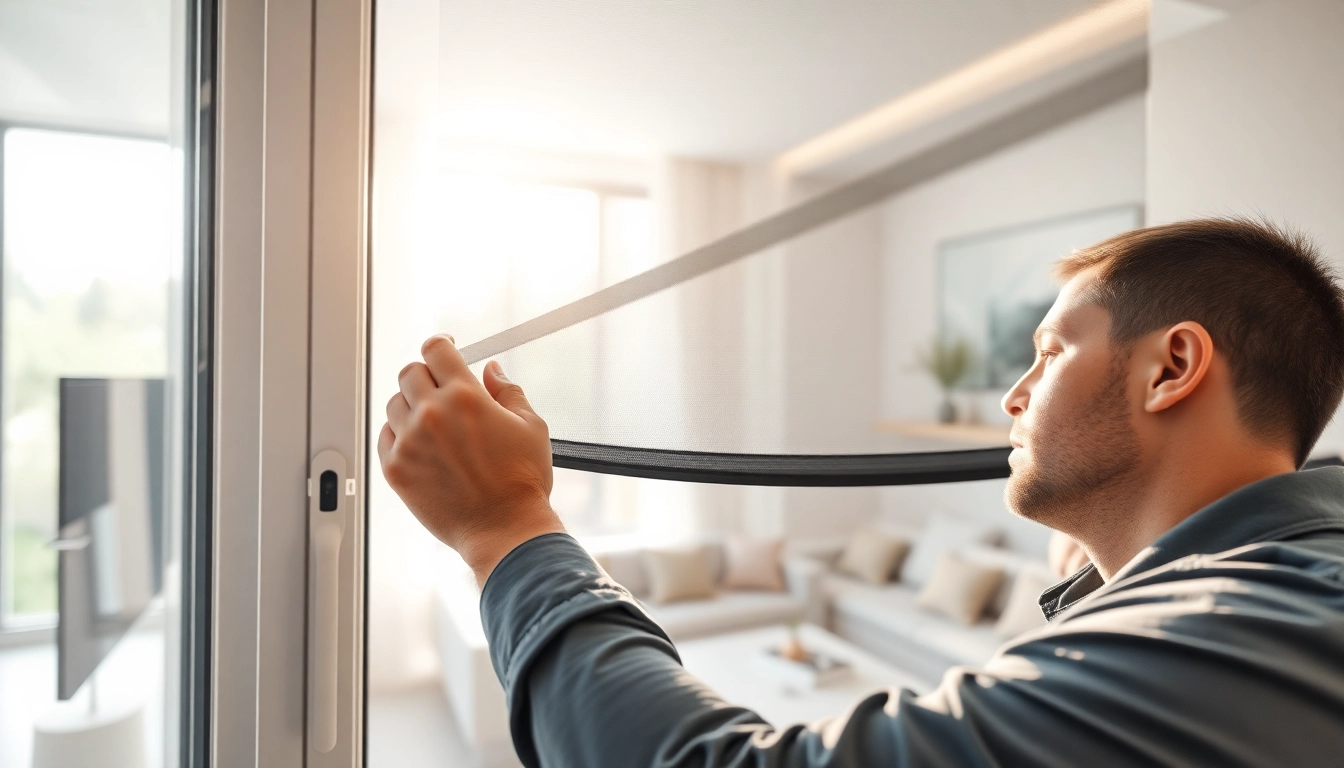 Fliegengittermaxx installation showcasing a technician fitting a stylish fly screen in a bright living room.