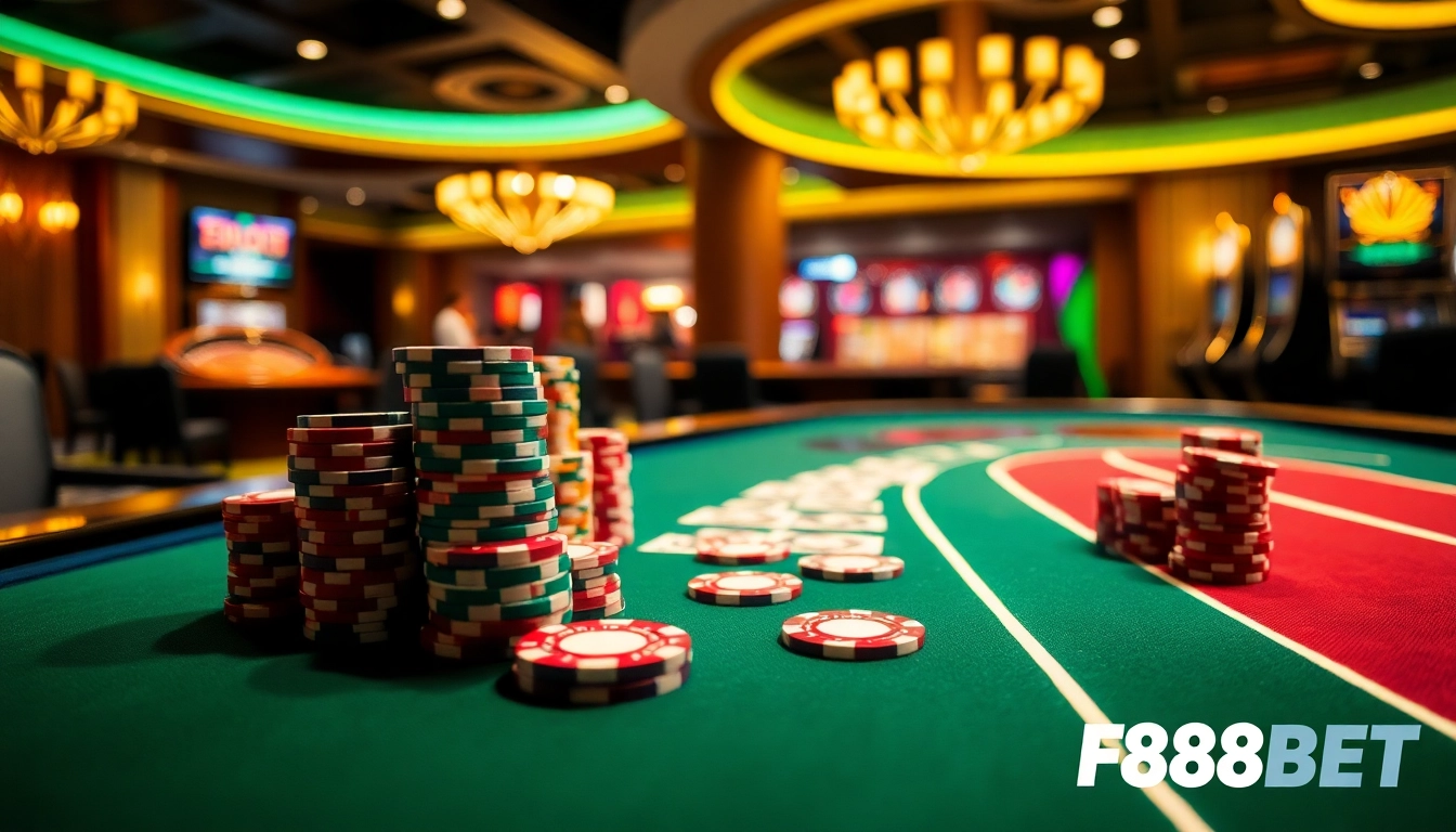 Experience thrilling gaming moments at F88BET with vibrant poker chips and exciting table games.