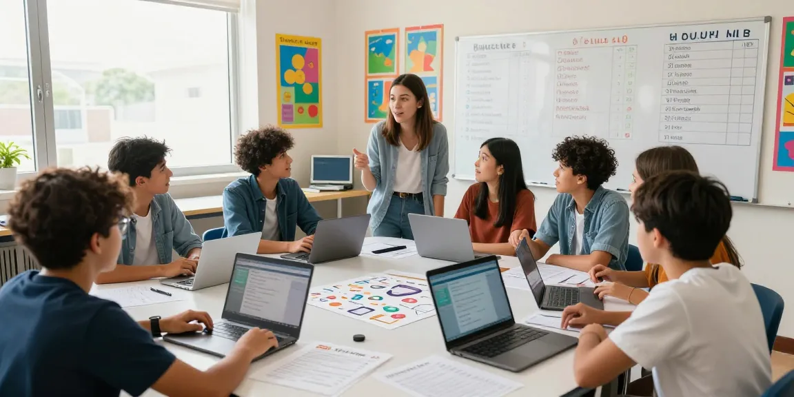 Engaging quiz Allgemeinwissen activity in a vibrant classroom with diverse students and digital devices.