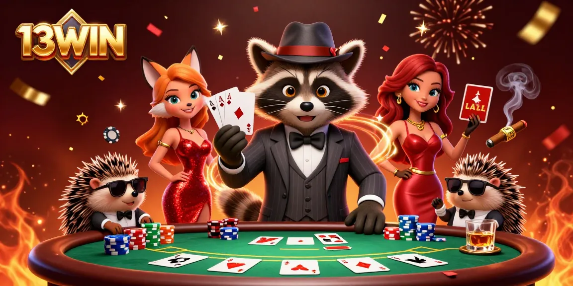 Engage in thrilling moments at 13WIN with vibrant casino scenes featuring cartoon characters at a poker table.