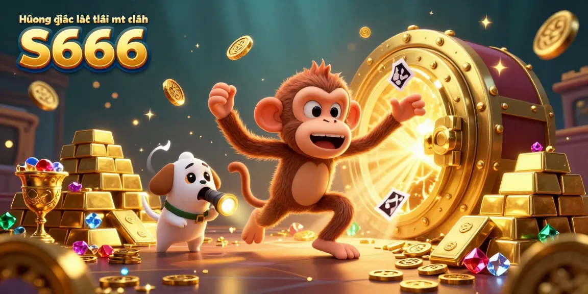 Engaging scene illustrating Hướng dẫn lấy lại mật khẩu S666 featuring a mischievous poltergeist monkey and a ghost-hunter puppy amidst casino treasures.
