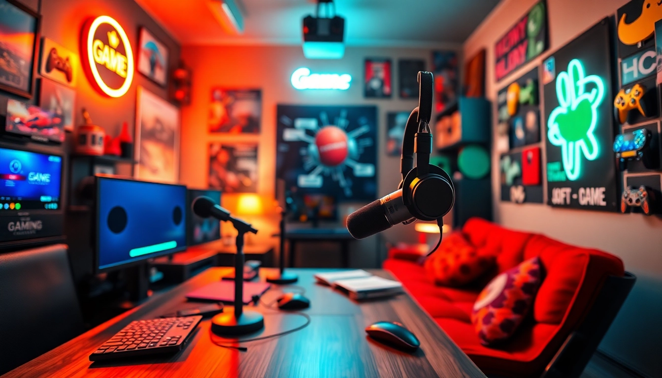 Gestaltung eines Gaming Podcasts in einem kreativen Studio mit professionellem Mikrofon.