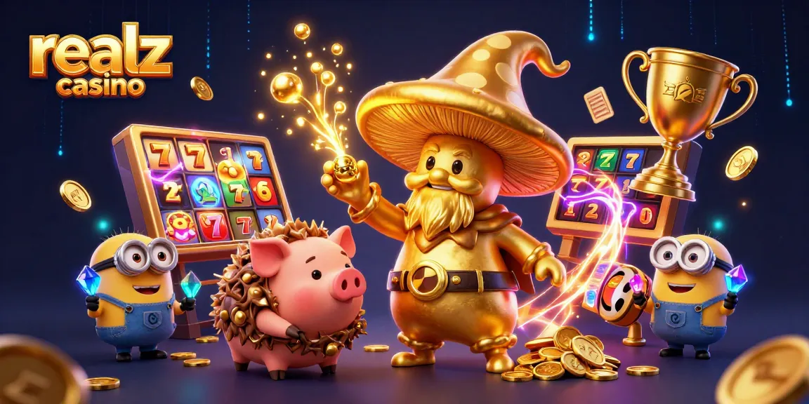 Experience magic at realz casino with a golden mushroom wizard conjuring wealth amidst vibrant slot games.