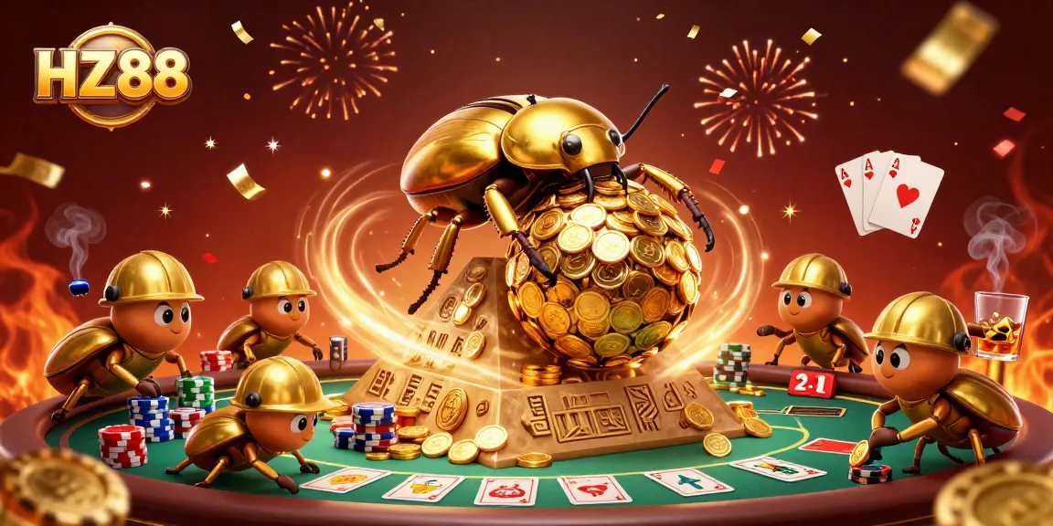 Experience HZ88's dynamic gaming scene featuring a gold beetle and poker elements.