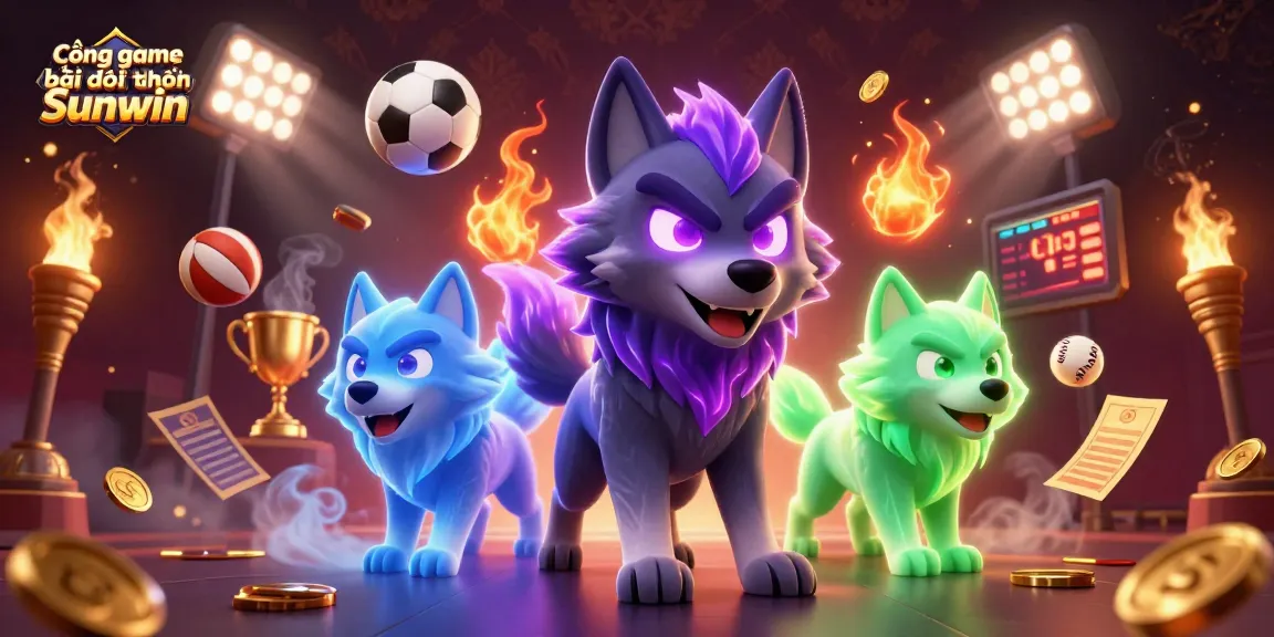 Cổng game bài đổi thưởng Sunwin showcases an exciting 3D scene with glowing ghostly wolves and dynamic sports elements.