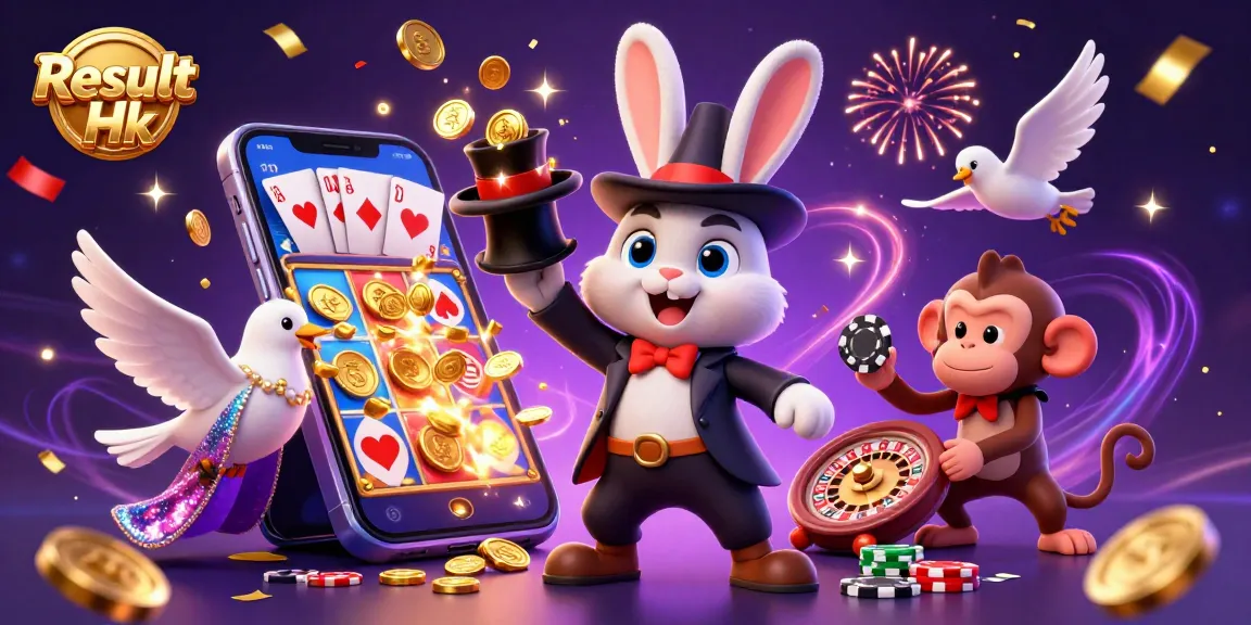 Witness the excitement of Result Hk with a magician rabbit, dazzling dove, and sneaky monkey in a lively casino scene.