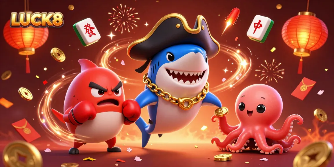 Experience LUCK8 online casino action with a vibrant 3D pirate shark and friends in a festive scene.