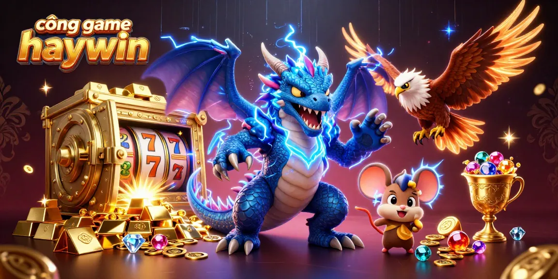 Experience thrilling gameplay at cổng game haywin with electric characters surrounded by vibrant casino treasures.