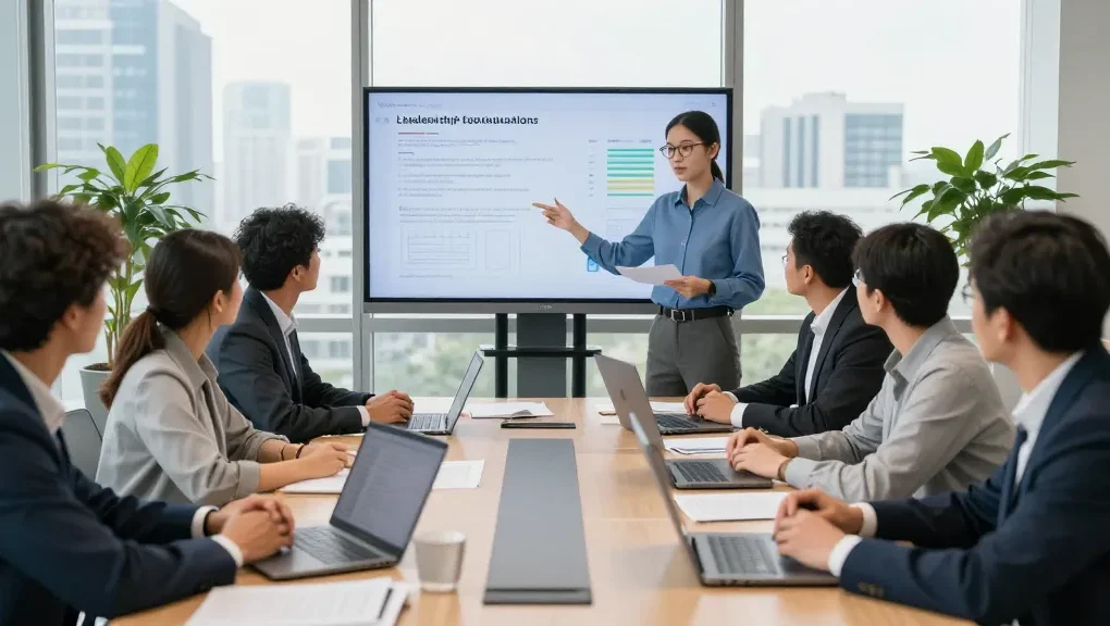 Professionelles Teammeeting zur anonymen Chef-Bewertung in modernem Büro mit Präsentation und Laptopanwendungen.