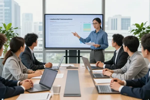 Professionelles Teammeeting zur anonymen Chef-Bewertung in modernem Büro mit Präsentation und Laptopanwendungen.