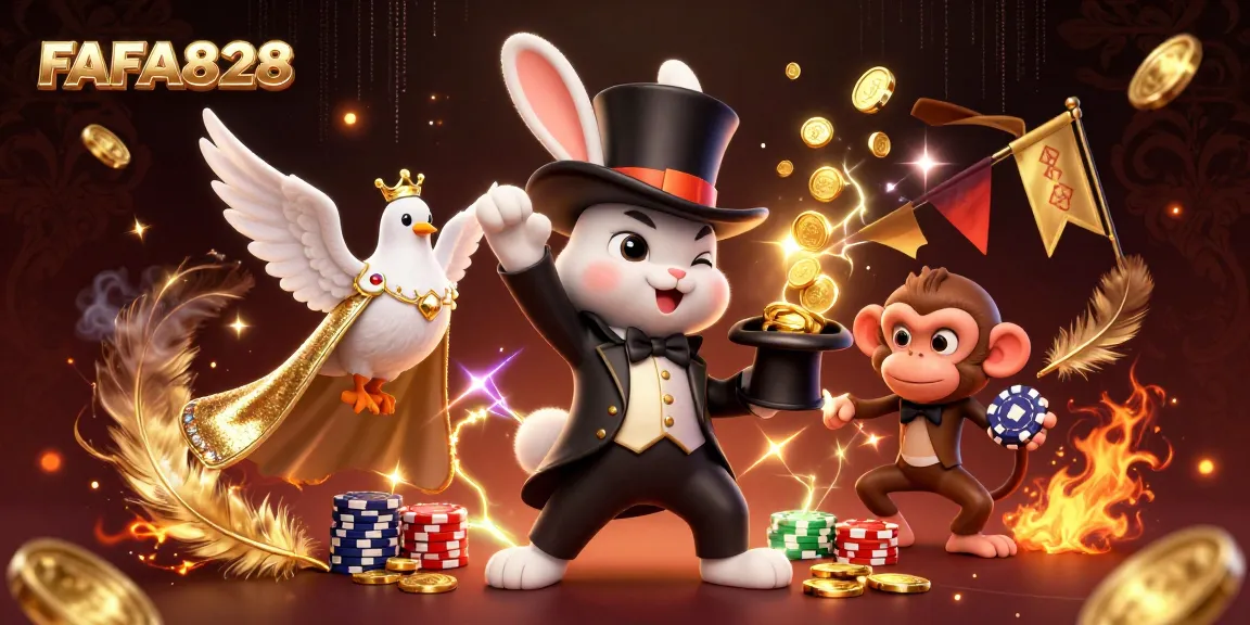 Engage in thrilling games with FAFA828’s vivid scene of magic, coins, and poker action!