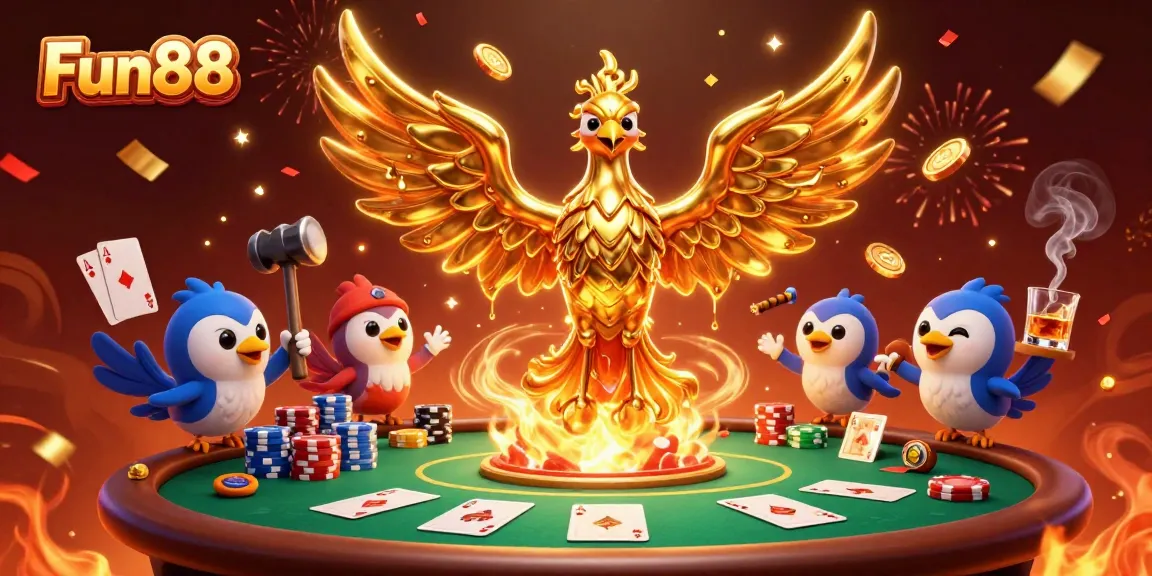 Engage with Fun88's vibrant poker scene featuring a molten golden phoenix rising above the casino table.